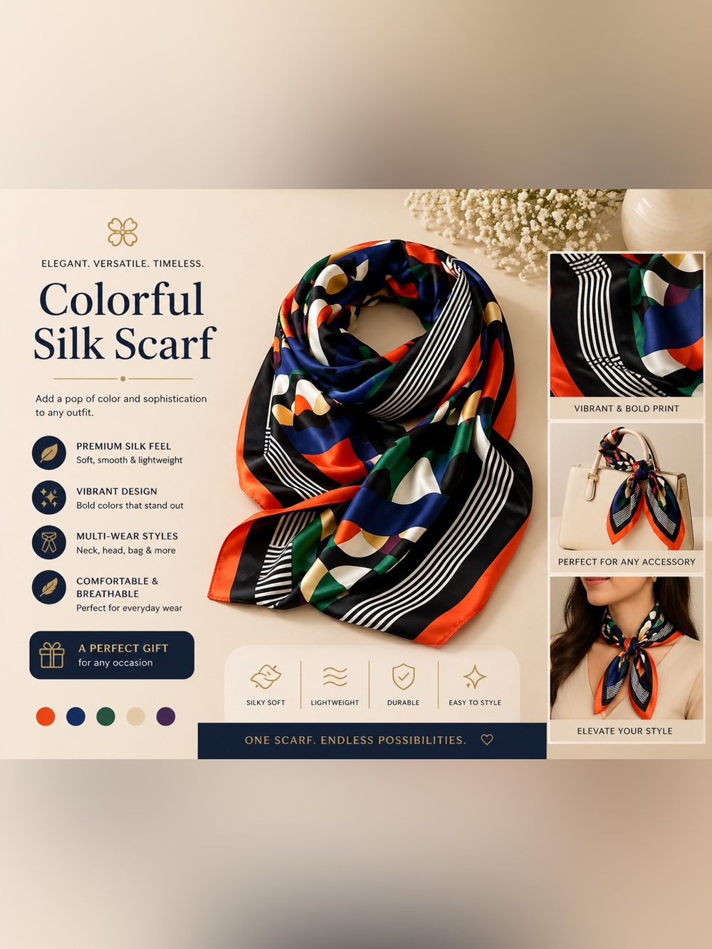 Silky Multicolor Geometric Scarf - Women Accessories